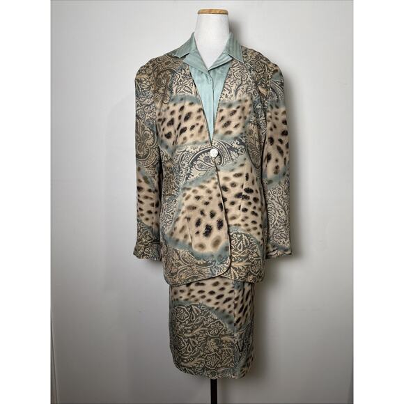 VTG 90s Carlisle 100% Silk Skirt Suit Blouse 3 PC Set Size 10/12 Animal Print - Picture 1 of 6